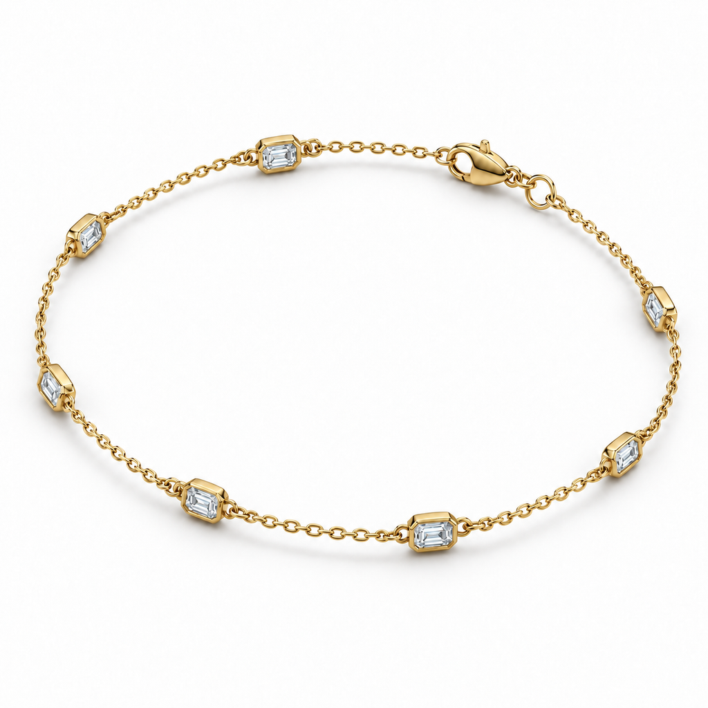 1.50ctw emerald-cut lab-grown Diamonds by the Yard bezel station anklet in 14k yellow gold - side and front angle