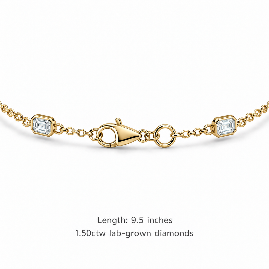 1.50ctw emerald-cut lab-grown Diamonds by the Yard bezel station anklet in 14k yellow gold - lobster clasp and 9.5 inch length