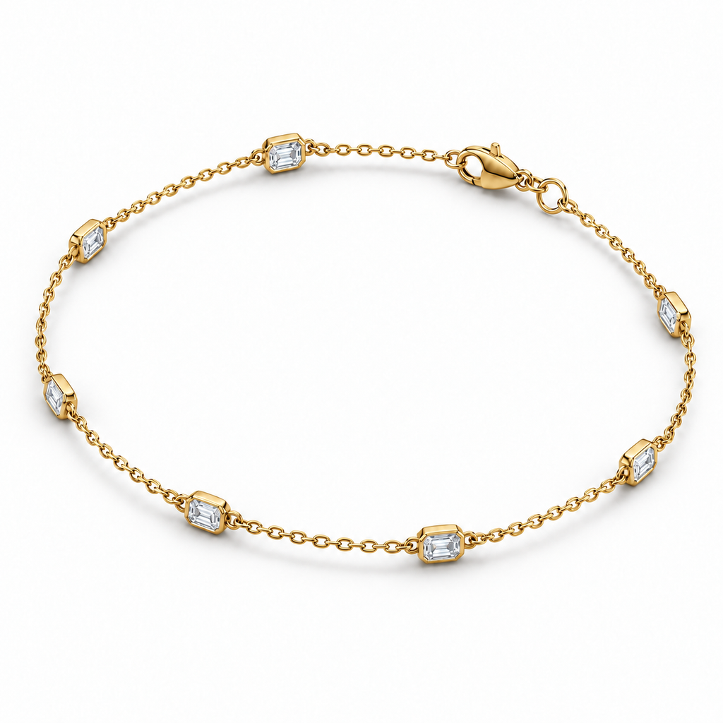 2.00ctw emerald-cut lab-grown Diamonds by the Yard bezel station anklet in 14k yellow gold - side and front angle