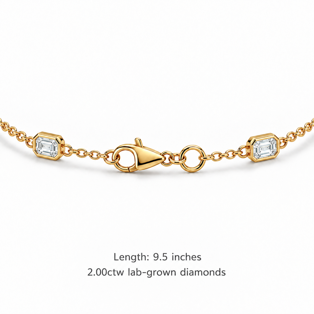 2.00ctw emerald-cut lab-grown Diamonds by the Yard bezel station anklet in 14k yellow gold - lobster clasp and 9.5 inch length