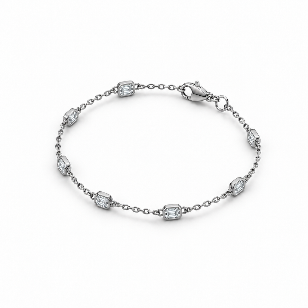 1.00ctw emerald-cut lab-grown Diamonds by the Yard bracelet in 14k white gold - angled view at matching anklet scale