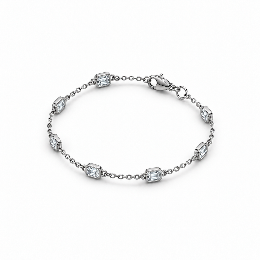 2.00ctw emerald-cut lab-grown Diamonds by the Yard bracelet in 14k white gold - angled view at matching anklet scale