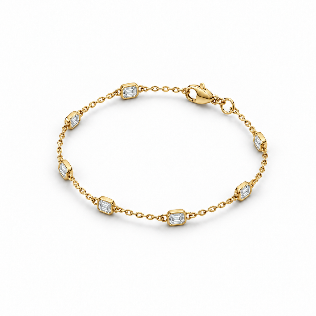 1.00ctw emerald-cut lab-grown Diamonds by the Yard bracelet in 14k yellow gold - alternate angle at matching anklet scale