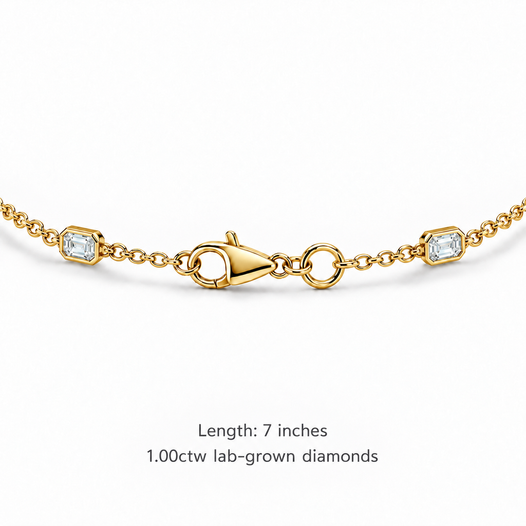 1.00ctw emerald-cut lab-grown Diamonds by the Yard bracelet in 14k yellow gold - clasp detail and measurements