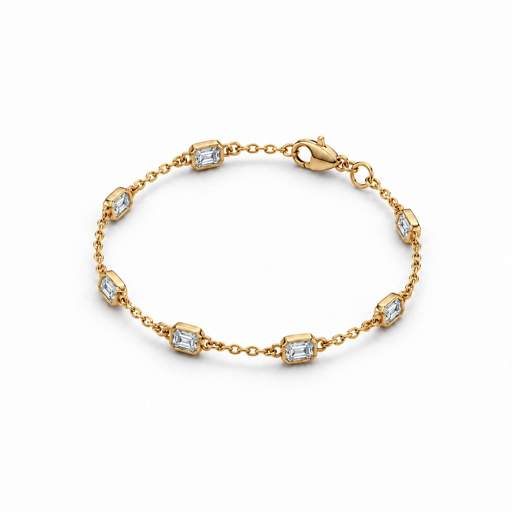1.50ctw emerald-cut lab-grown Diamonds by the Yard bracelet in 14k yellow gold - alternate angle at matching anklet scale