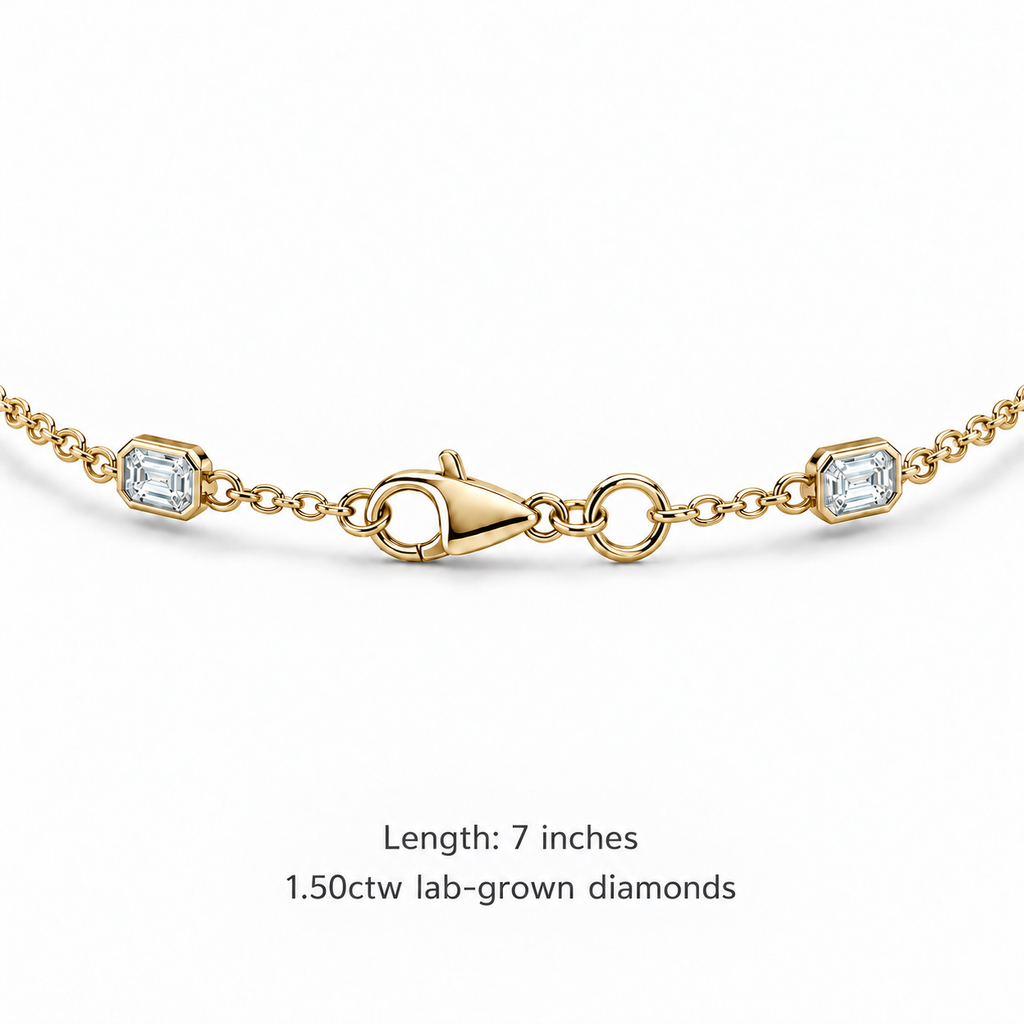 1.50ctw emerald-cut lab-grown Diamonds by the Yard bracelet in 14k yellow gold - clasp detail and measurements
