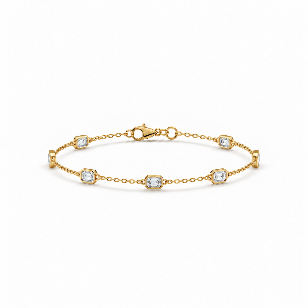 1.50ctw emerald-cut lab-grown Diamonds by the Yard bracelet in 14k yellow gold - main view at matching anklet scale