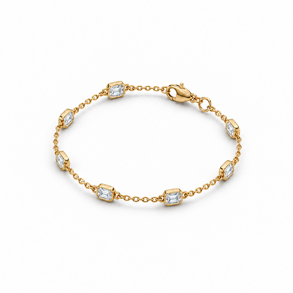 2.00ctw emerald-cut lab-grown Diamonds by the Yard bracelet in 14k yellow gold - alternate angle at matching anklet scale