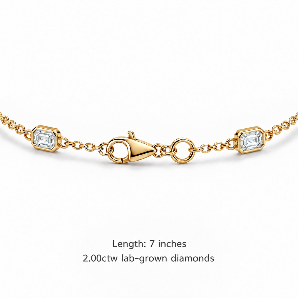 2.00ctw emerald-cut lab-grown Diamonds by the Yard bracelet in 14k yellow gold - clasp detail and measurements