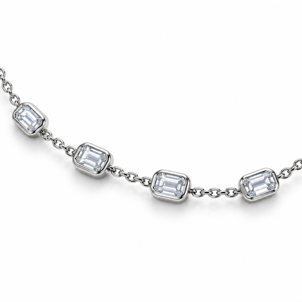 3.00ctw emerald-cut lab-grown Diamonds by the Yard necklace in 14k white gold - angled close-up of four diamond stations