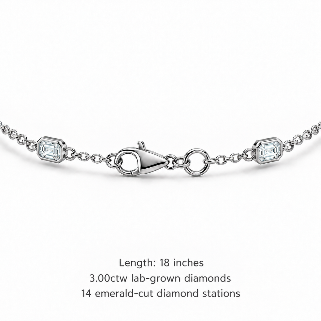 3.00ctw emerald-cut lab-grown Diamonds by the Yard necklace in 14k white gold - lobster clasp detail, 18-inch length and 14 stations