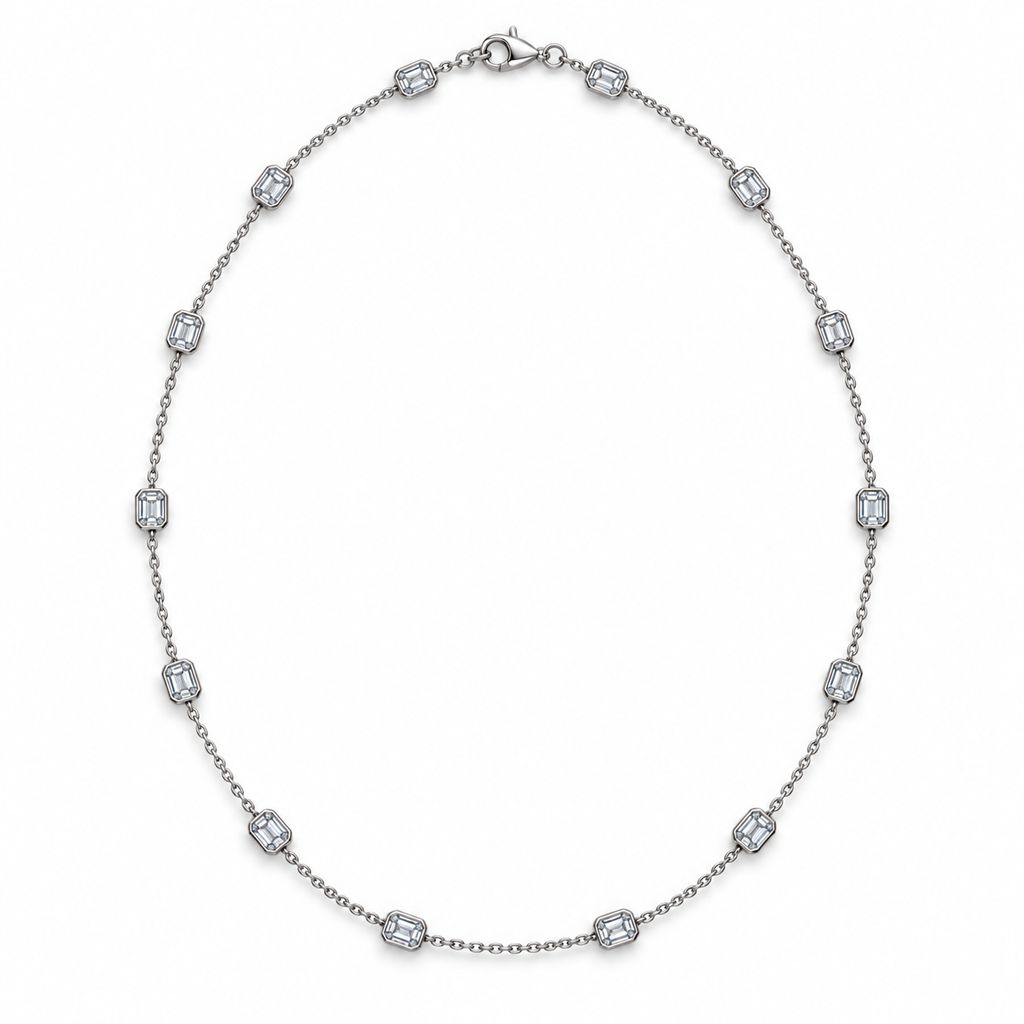 3.00ctw emerald-cut lab-grown Diamonds by the Yard necklace in 14k white gold - fourteen equally spaced bezel-set diamond stations