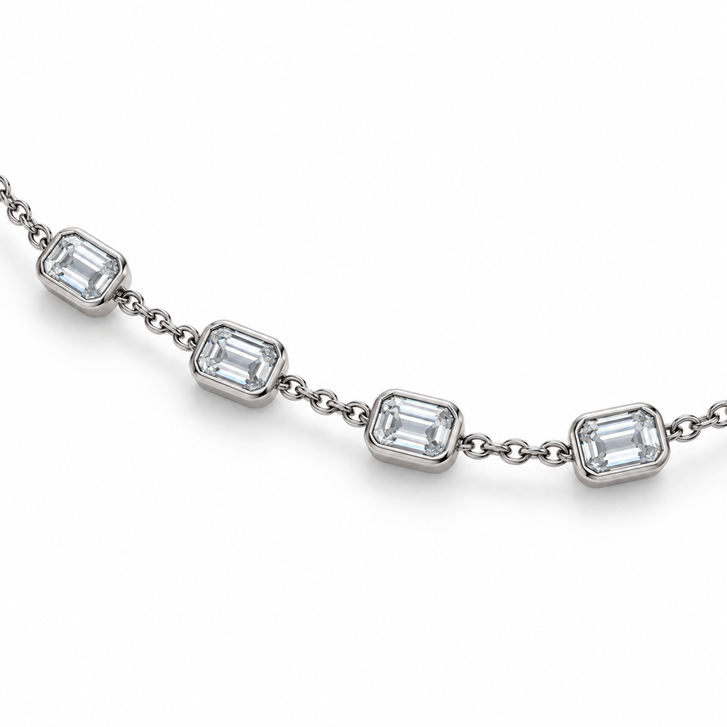 4.00ctw emerald-cut lab-grown Diamonds by the Yard necklace in 14k white gold - angled close-up of four diamond stations
