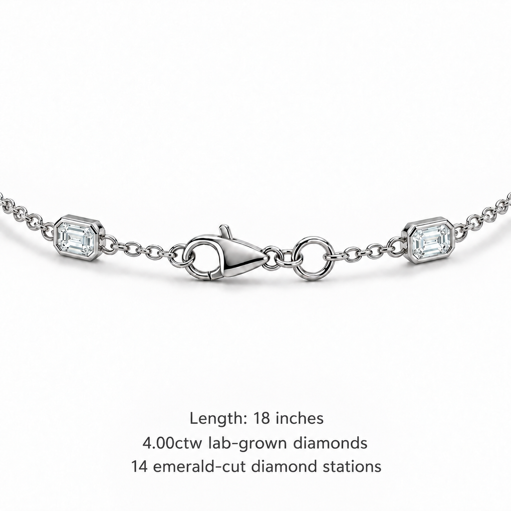 4.00ctw emerald-cut lab-grown Diamonds by the Yard necklace in 14k white gold - lobster clasp detail, 18-inch length and 14 stations