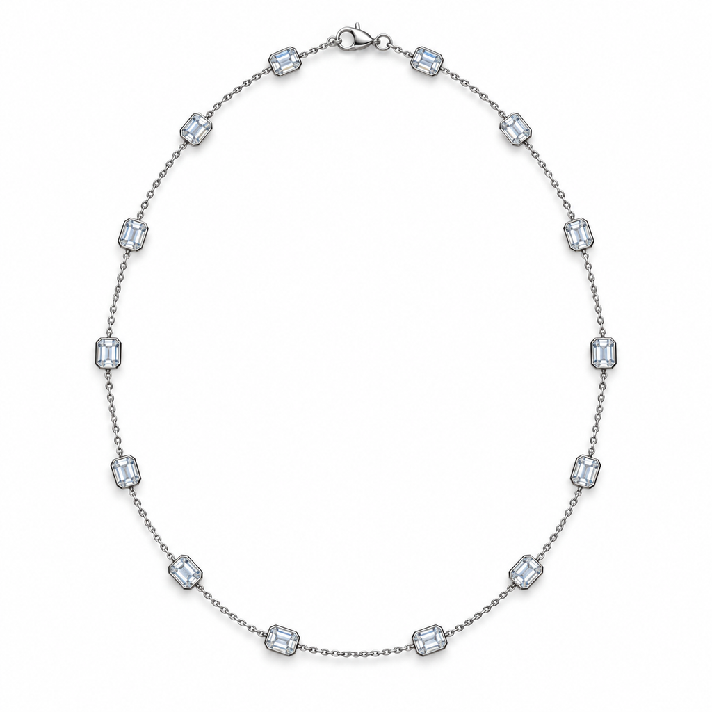 4.00ctw emerald-cut lab-grown Diamonds by the Yard necklace in 14k white gold - fourteen equally spaced bezel-set diamond stations