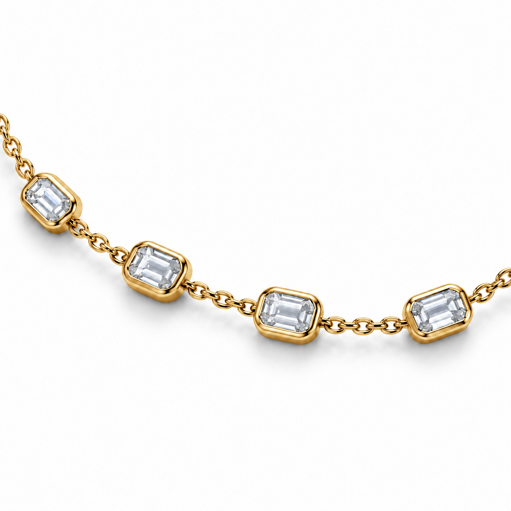3.00ctw emerald-cut lab-grown Diamonds by the Yard necklace in 14k yellow gold - angled close-up of four diamond stations