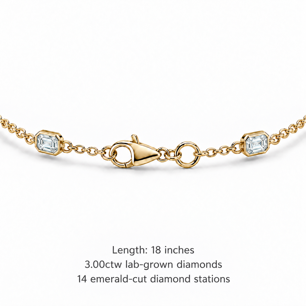 3.00ctw emerald-cut lab-grown Diamonds by the Yard necklace in 14k yellow gold - lobster clasp detail, 18-inch length and 14 stations
