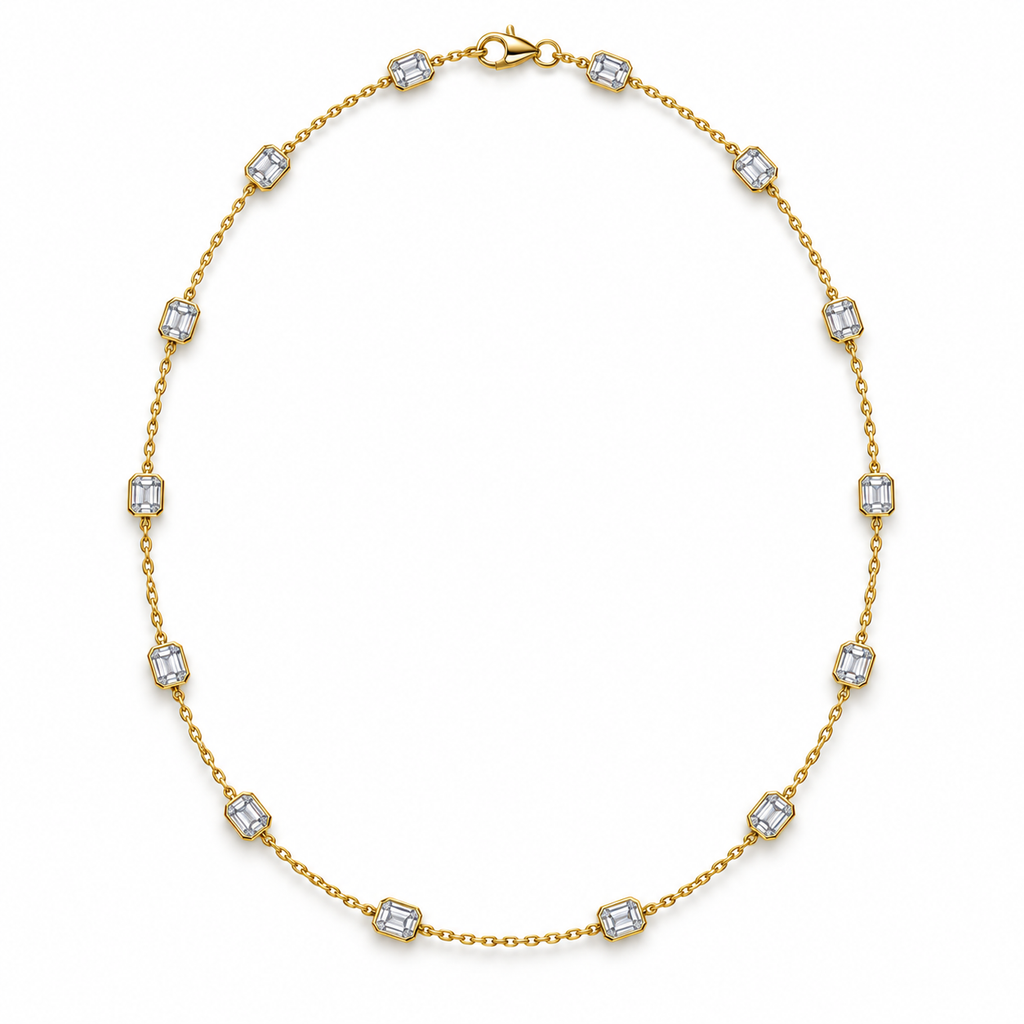 3.00ctw emerald-cut lab-grown Diamonds by the Yard necklace in 14k yellow gold - fourteen equally spaced bezel-set diamond stations