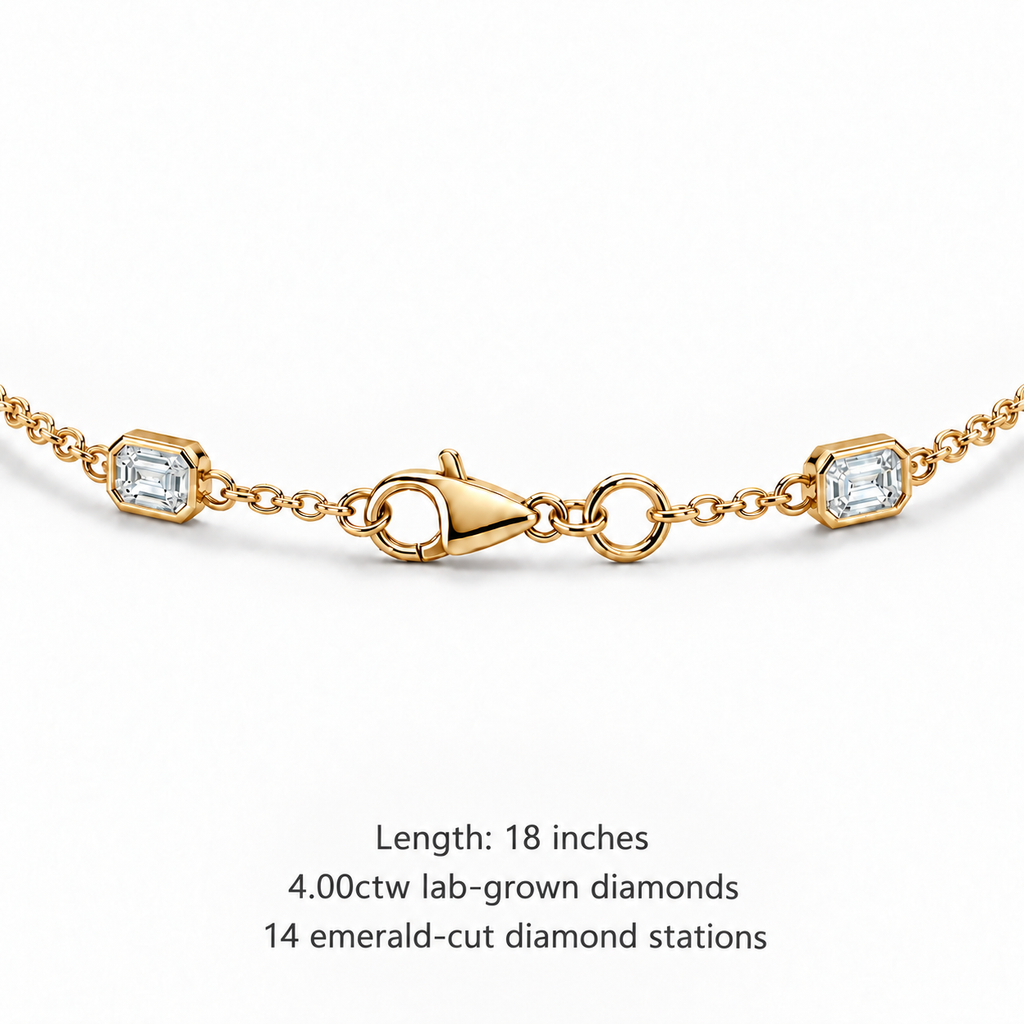 4.00ctw emerald-cut lab-grown Diamonds by the Yard necklace in 14k yellow gold - lobster clasp detail, 18-inch length and 14 stations