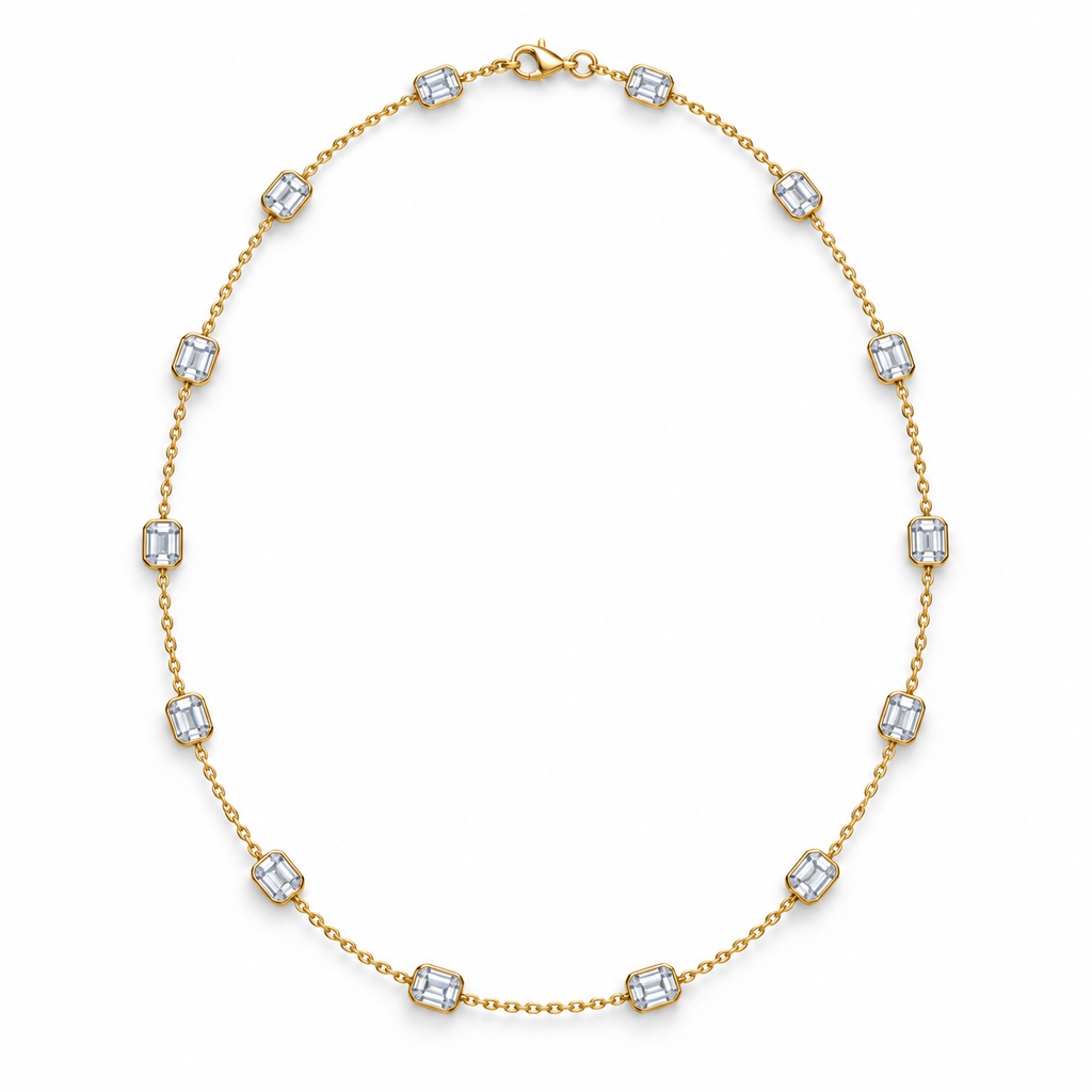 4.00ctw emerald-cut lab-grown Diamonds by the Yard necklace in 14k yellow gold - fourteen equally spaced bezel-set diamond stations