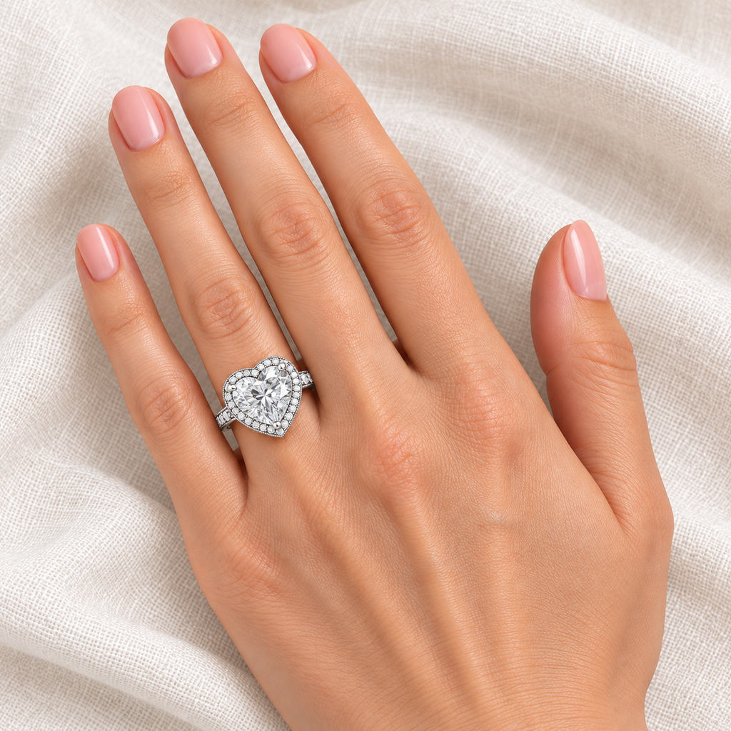 AZ29460 — 12 × 12 mm heart-shaped lab diamond halo ring in 14K white gold worn on ring finger