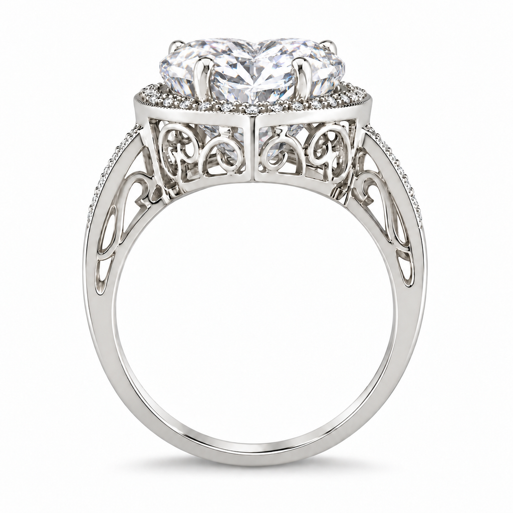 AZ29460 — side profile of white gold heart-shaped lab diamond halo ring showing open scrollwork gallery