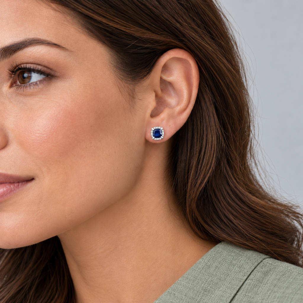 AZ29478 5 x 5 mm cushion gemstone and natural diamond halo stud earrings - close-up model, illustrative scale