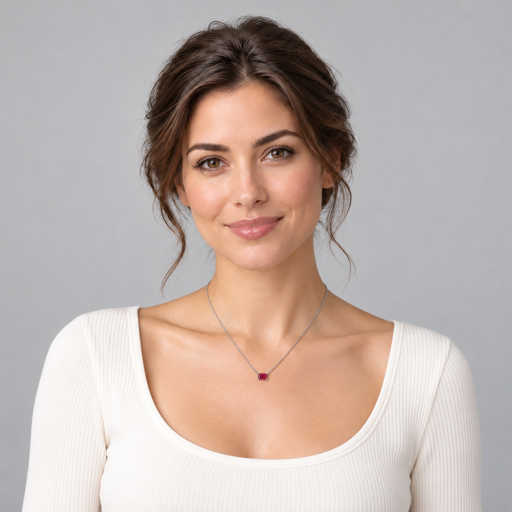 AZ29480 — full-face model wearing 5 × 3 mm emerald-cut lab-grown ruby solitaire necklace in 14K white gold on an 18-inch cable chain; illustrative scale.
