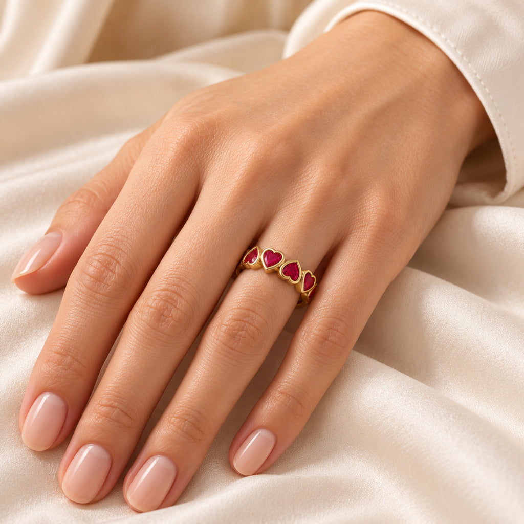 AZ29493 ruby ring in 14K yellow gold — close-up on model