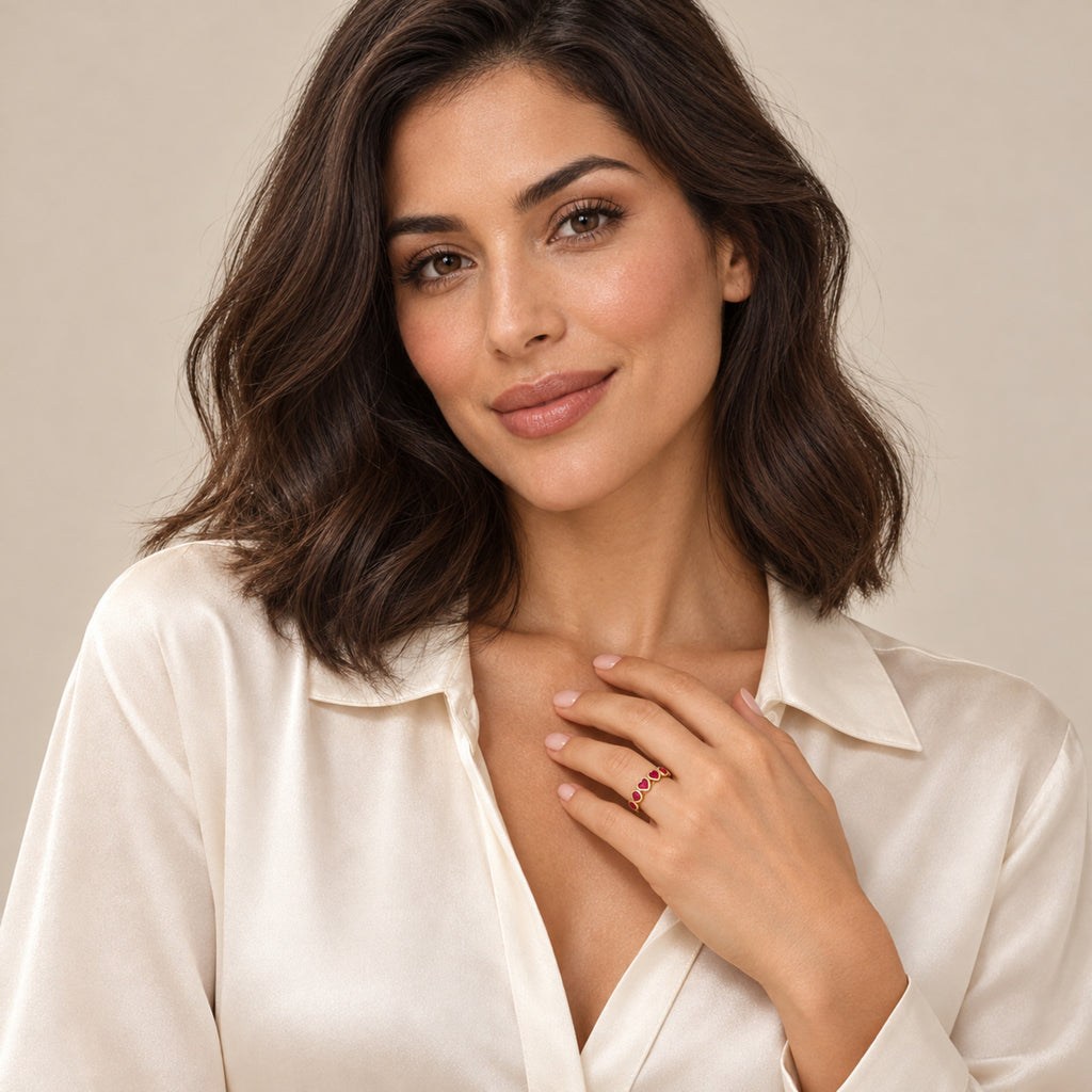 AZ29493 ruby ring in 14K yellow gold — full-face model portrait