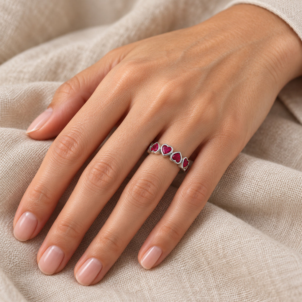AZ29494 ruby ring in sterling silver — close-up on model
