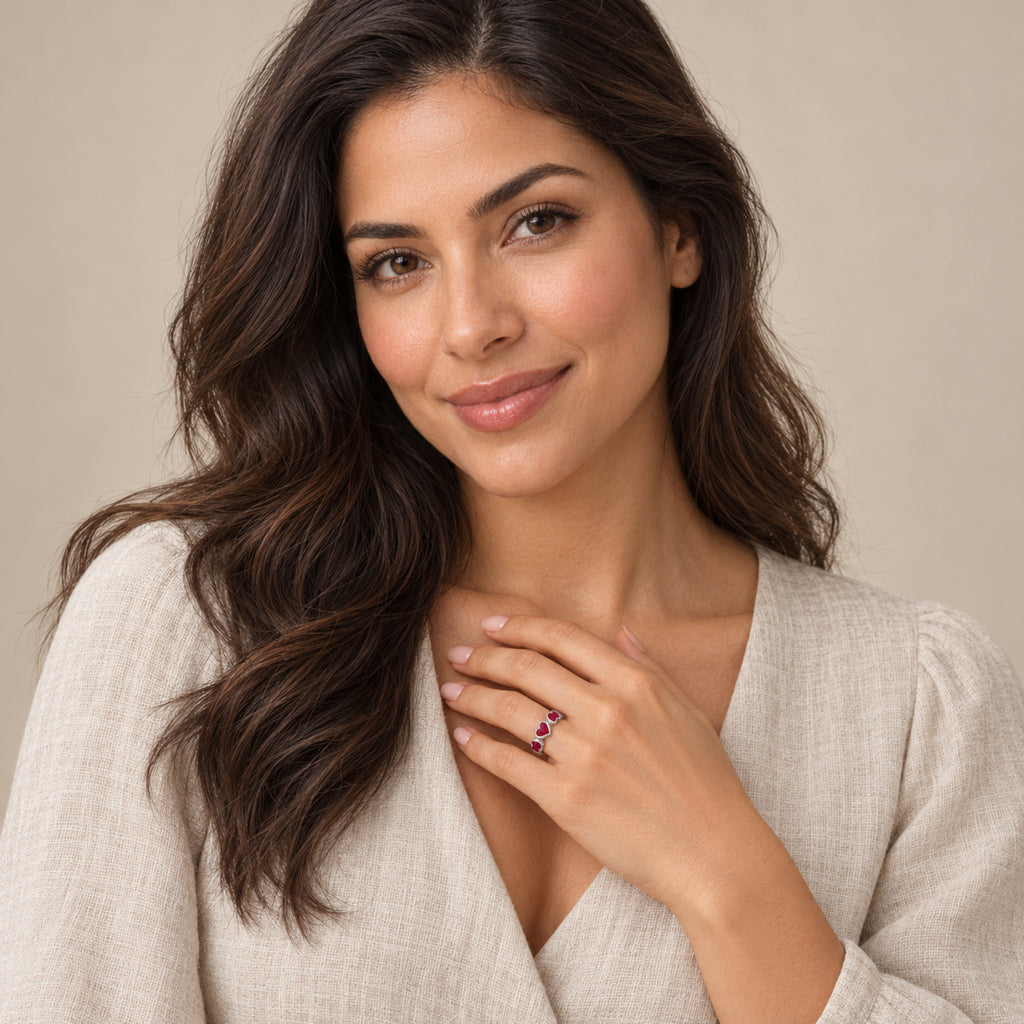 AZ29494 ruby ring in sterling silver — full-face model portrait