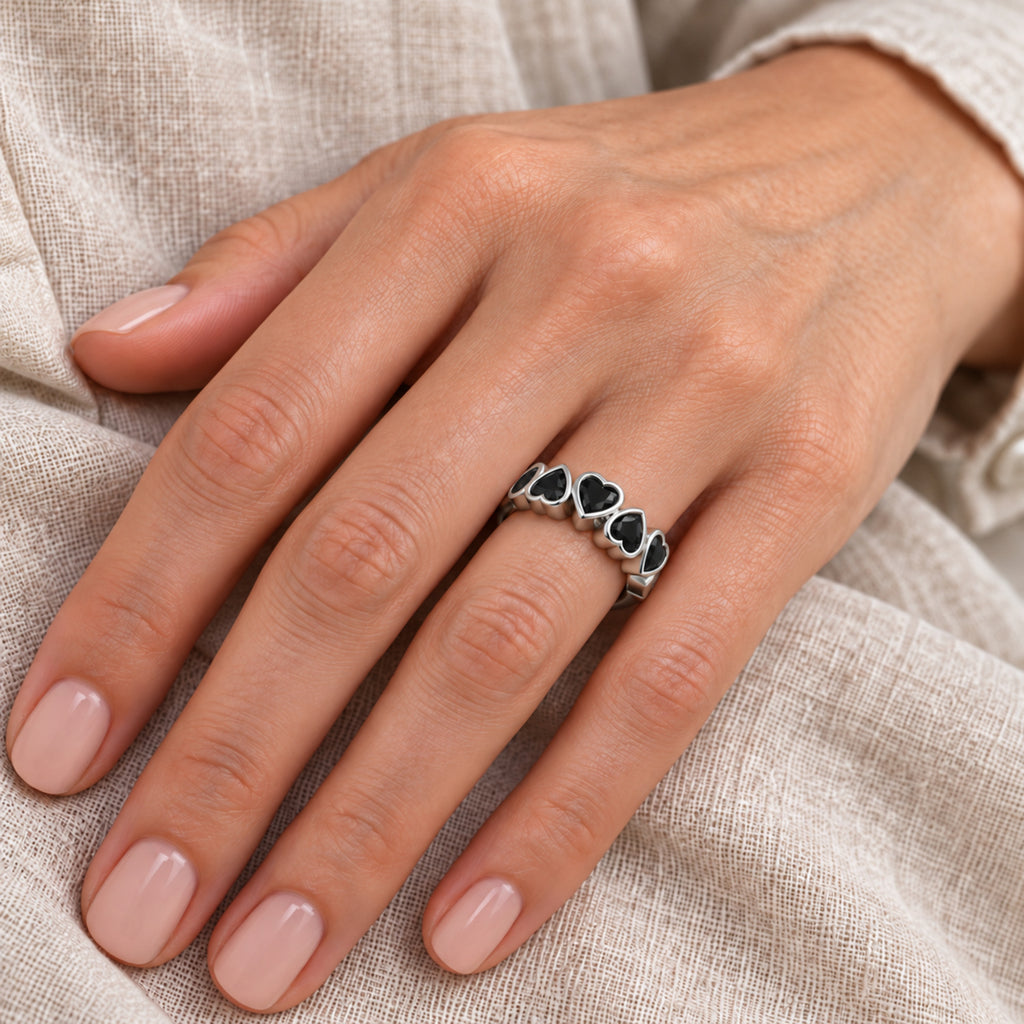 AZ29503 natural black onyx ring in 14K white gold — close-up on model
