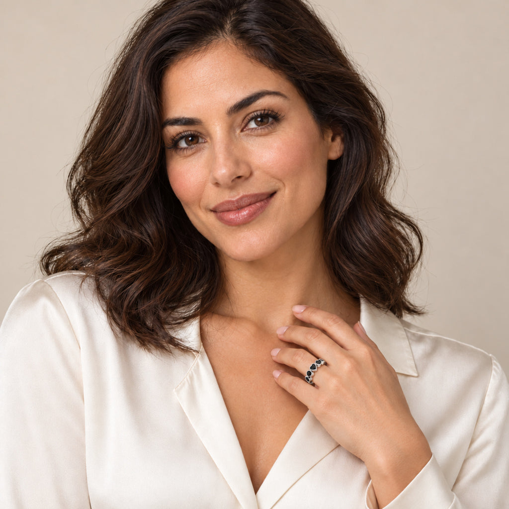 AZ29503 natural black onyx ring in 14K white gold — full-face model portrait