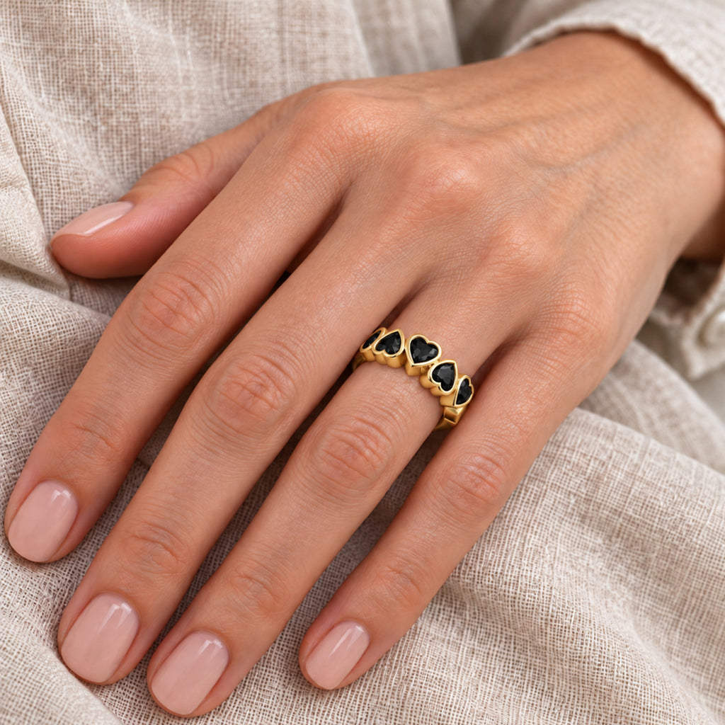 AZ29504 natural black onyx ring in 14K yellow gold — close-up on model