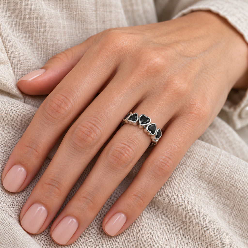 AZ29505 natural black onyx ring in sterling silver — close-up on model