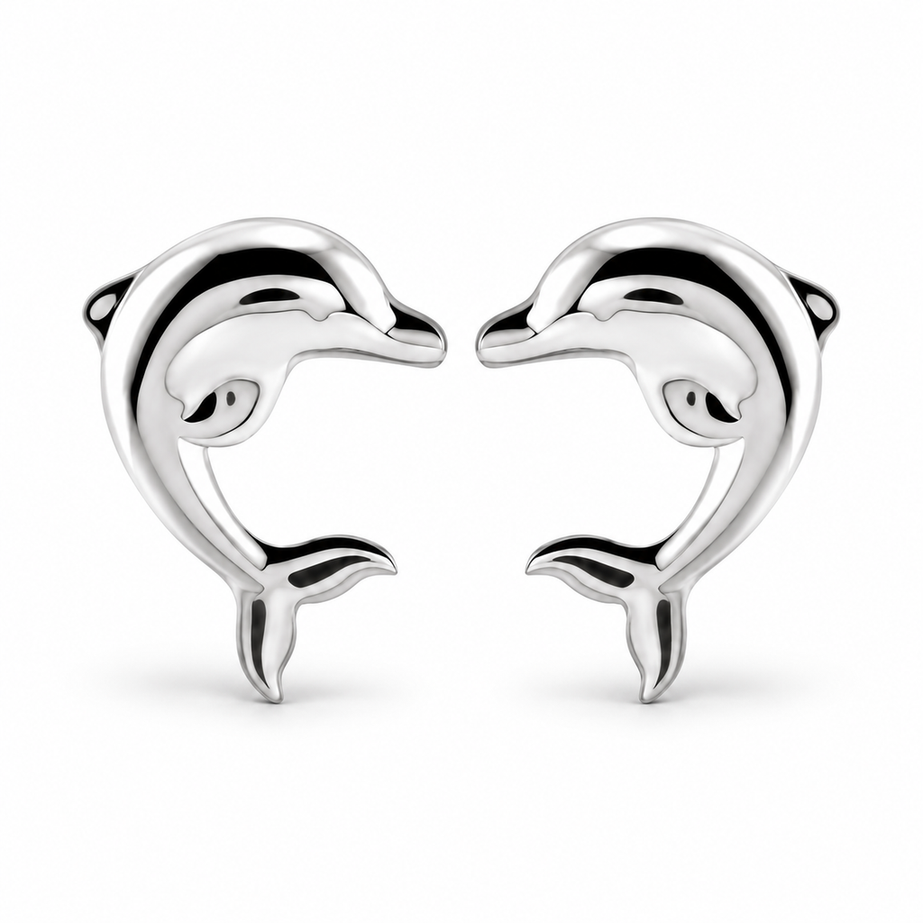 Dolphin stud earrings in 14k white gold, front-facing pair