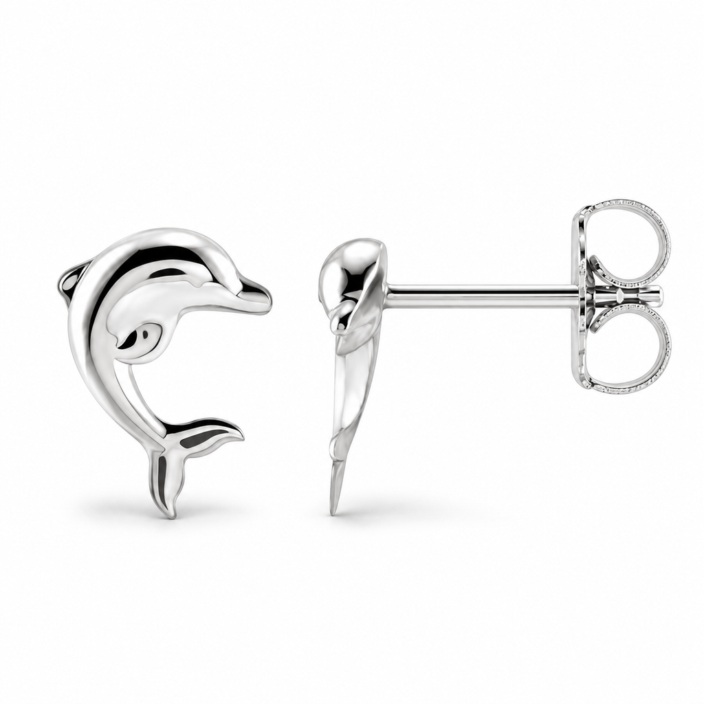 Dolphin stud earrings in 14k white gold, front and side view