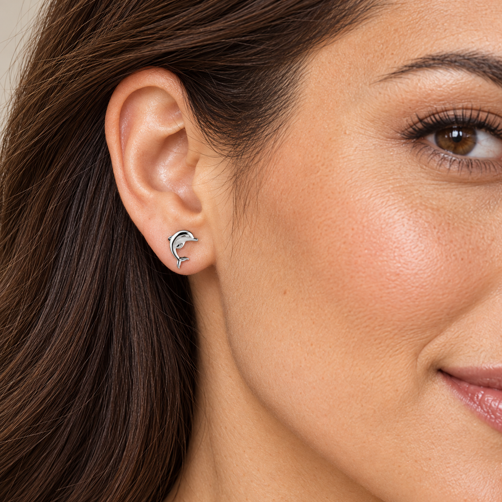 Dolphin Stud Earrings 14k White Gold worn by model — close-up view