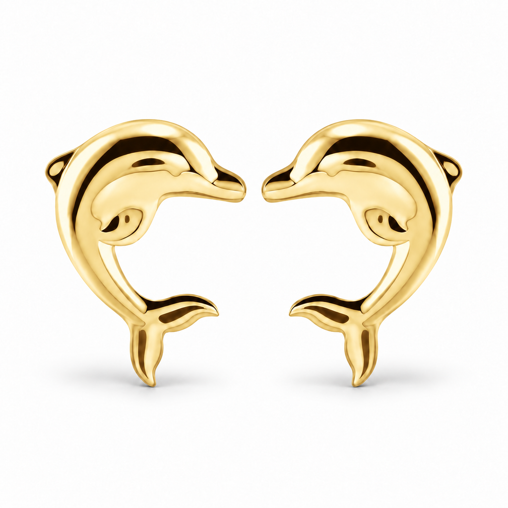 Dolphin stud earrings in 14k yellow gold, front-facing pair