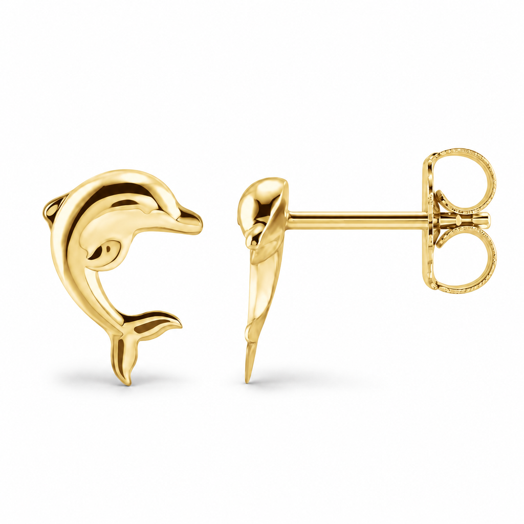 Dolphin stud earrings in 14k yellow gold, front and side view