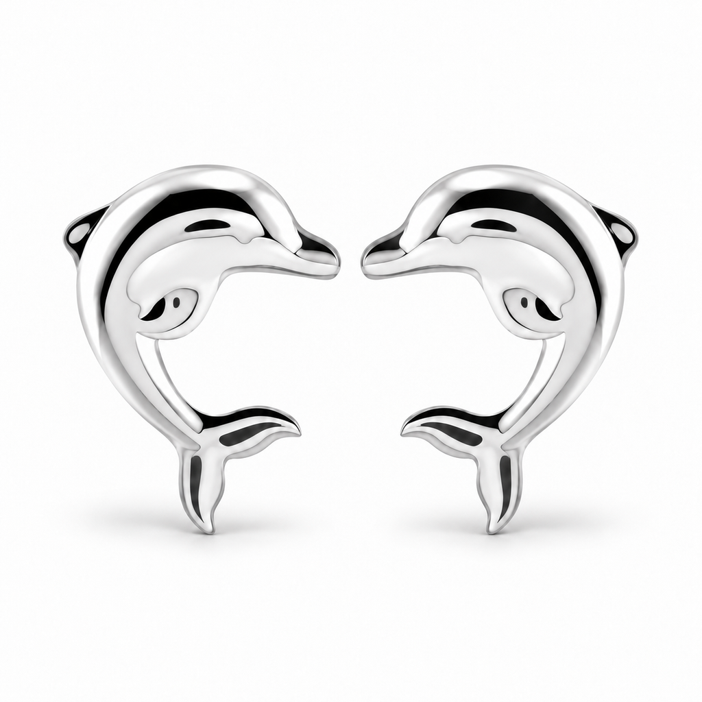 Dolphin stud earrings in sterling silver, front-facing pair