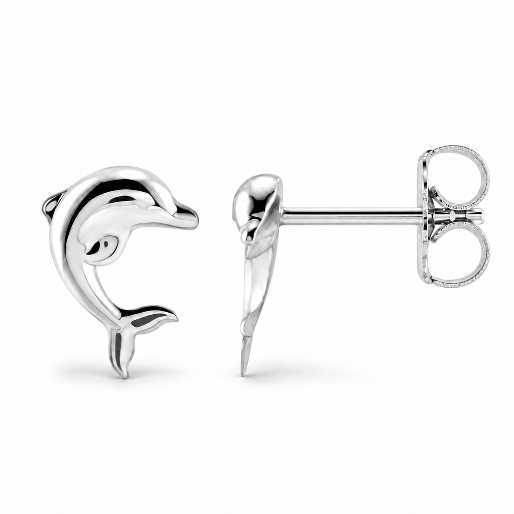 Dolphin stud earrings in sterling silver, front and side view