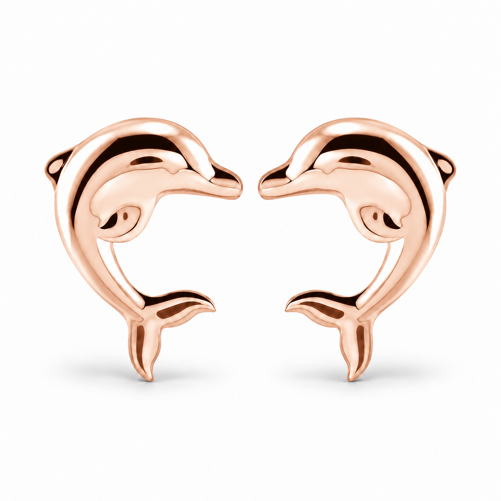 Dolphin stud earrings in 14k rose gold, front-facing pair