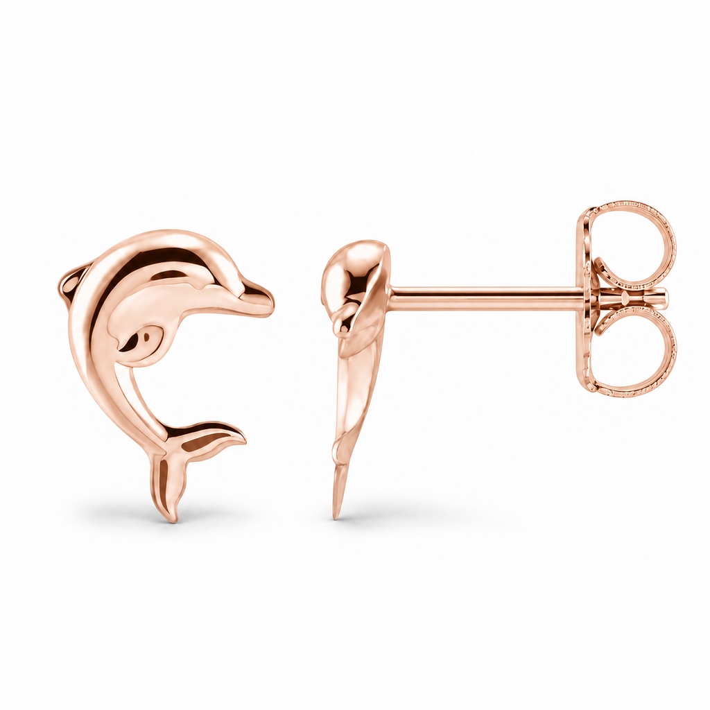Dolphin stud earrings in 14k rose gold, front and side view