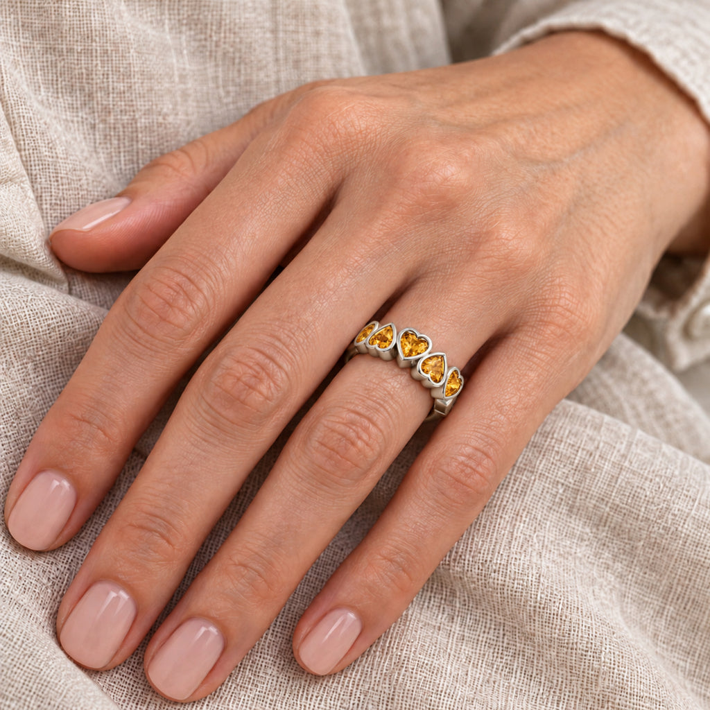 AZ29510 five heart natural citrine ring in 14K white gold — close-up hand model view