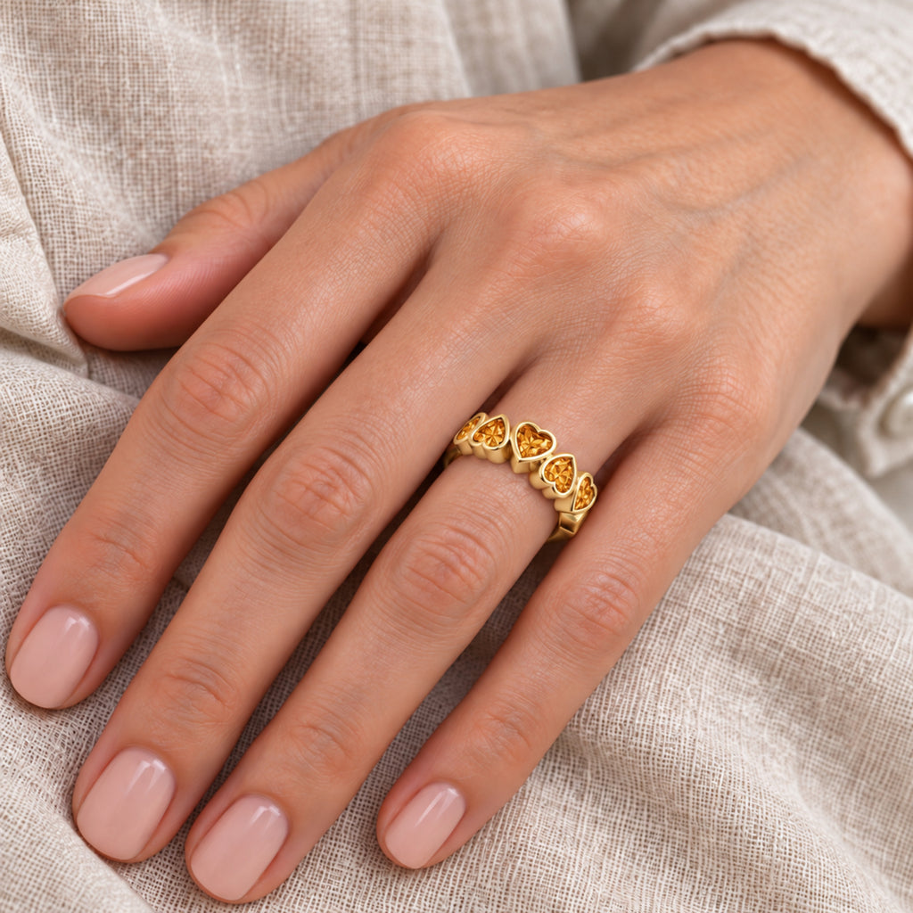 AZ29511 five heart natural citrine ring in 14K yellow gold — close-up hand model view