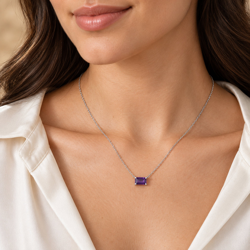 AZ29522 natural amethyst solitaire necklace in 14K white gold - close-up model view