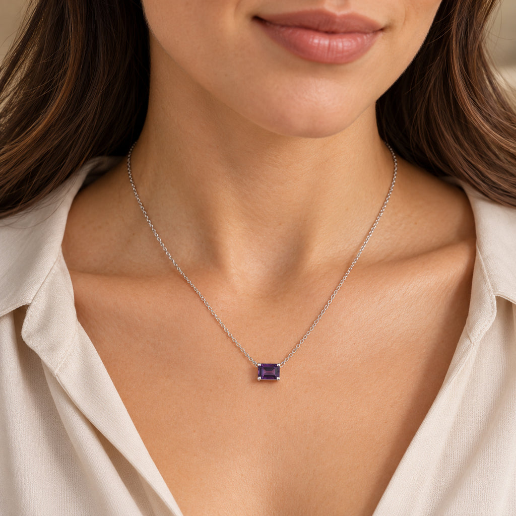 AZ29524 natural amethyst solitaire necklace in sterling silver - close-up model view