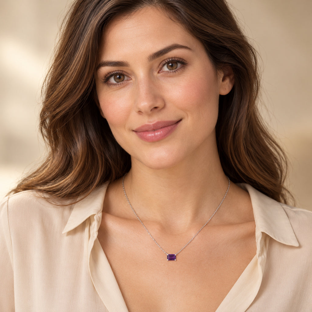 AZ29524 natural amethyst solitaire necklace in sterling silver - full-face model view